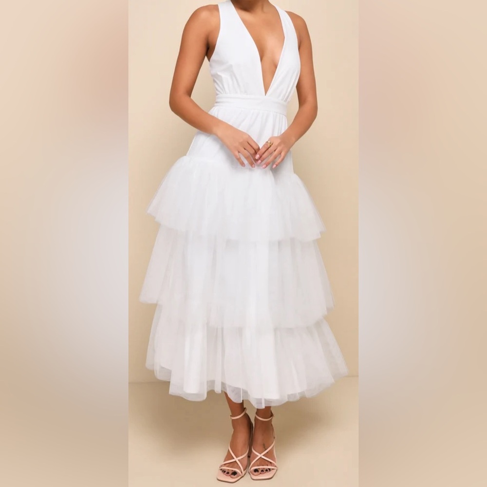 Tier-ly Divine White Tulle V-Neck Tiered Maxi Dress